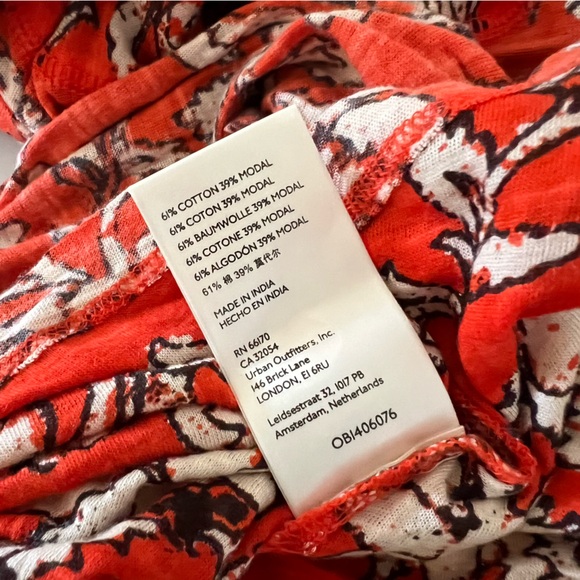 Free People Ruched Long Sleeve Top Size Large Orange White Floral V Neck - Picture 11 of 13